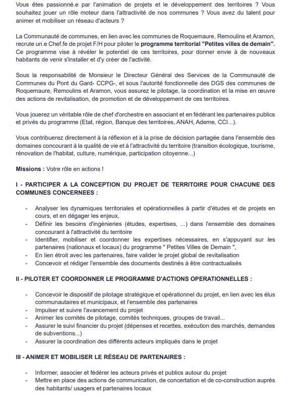 Offre d'emploi de chef de projet PVD émise par une communauté de