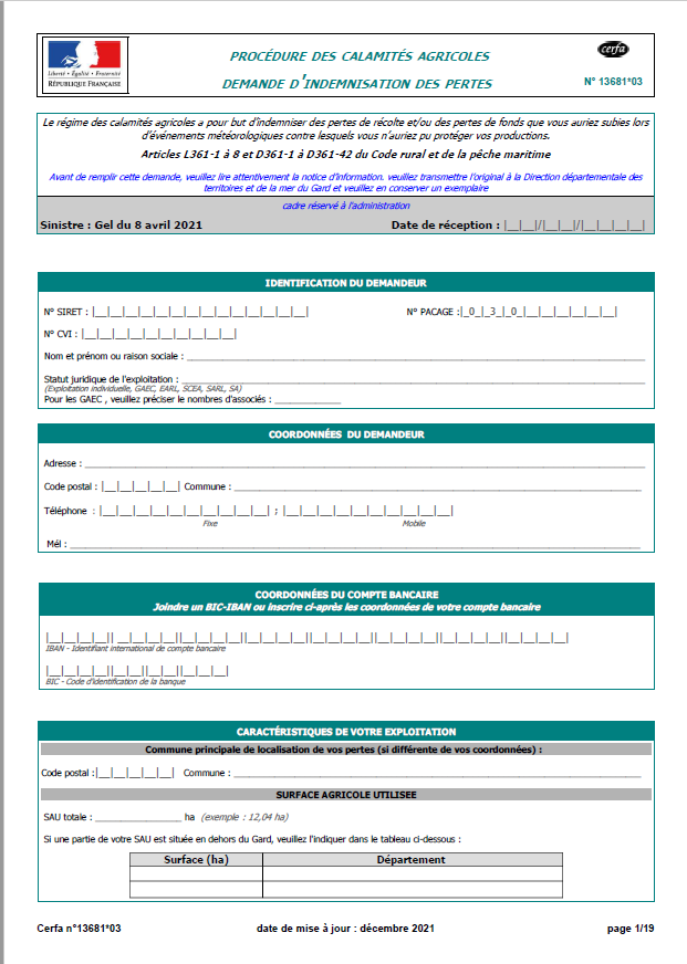 Formulaires demande dindemnisation gel