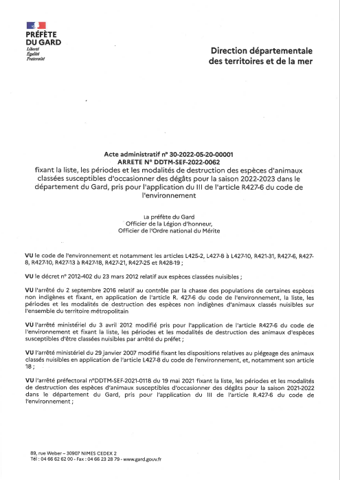 arrete fixant la liste les periodes et les modalites de destruction des animaux