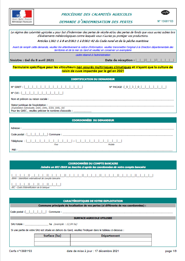 formulaire indemnisation vignes