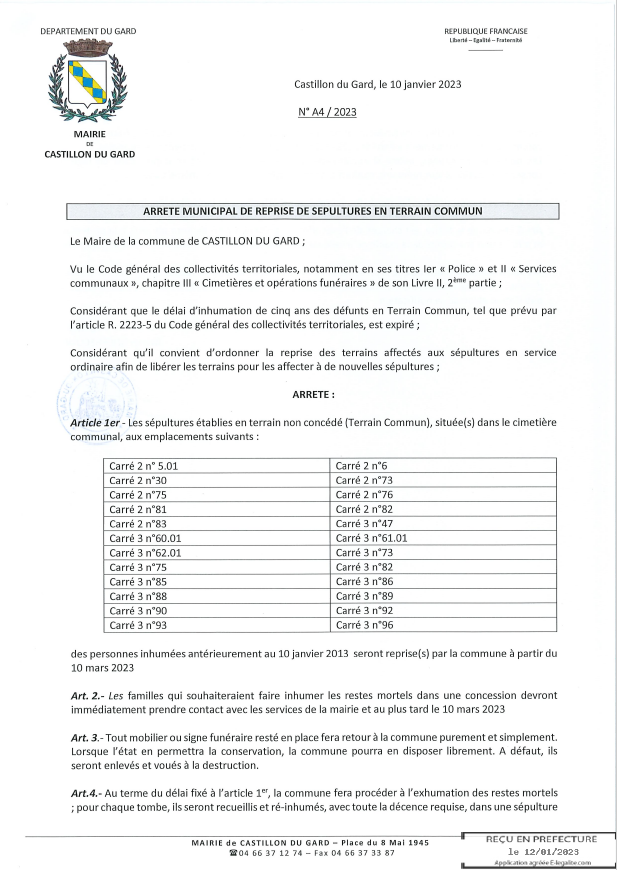 Arrt Municipal de reprise de spultures en terrain commun 012023