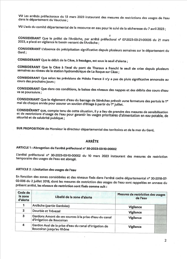 Arrt restriction temporraire usage de leau Gard Publi 07042023 p2 Copie
