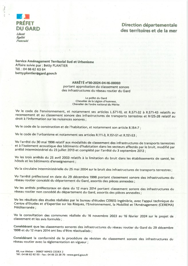 Arrt classement sonore des infrastructures Gard 052024