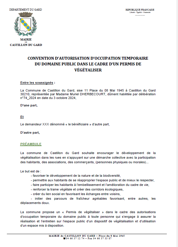 CONVENTION DAUTORISATION DOCCUPATION TEMPORAIRE DU DOMAINE PUBLIC DANS LE CADRE DUN PERMIS DE VEGETALISER 002pdf P1