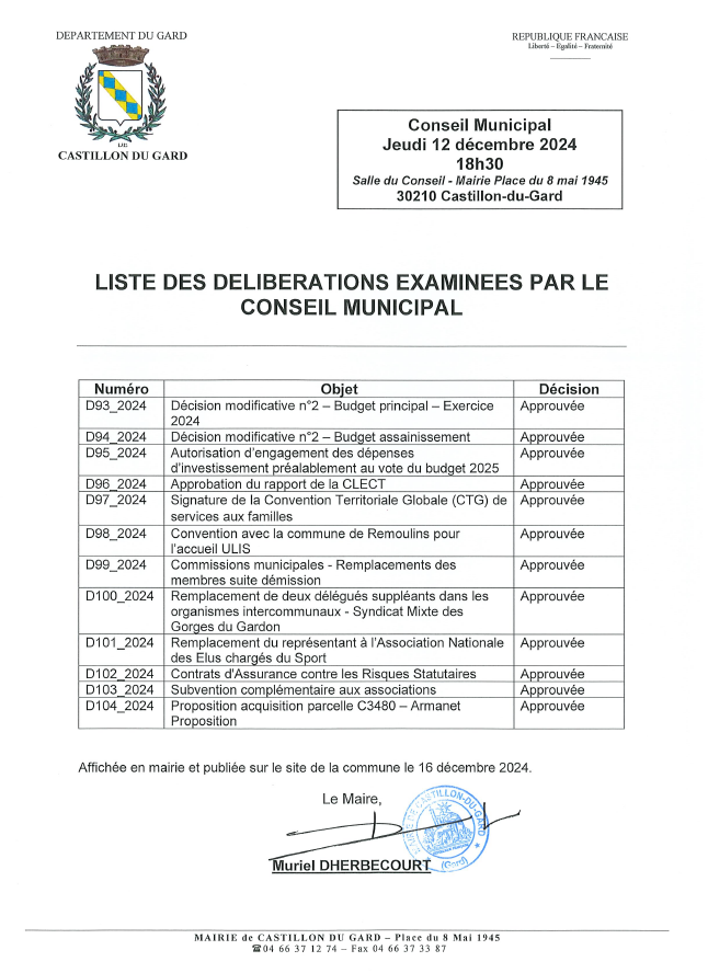 Liste des dlibrations du 12 dcembre 2024
