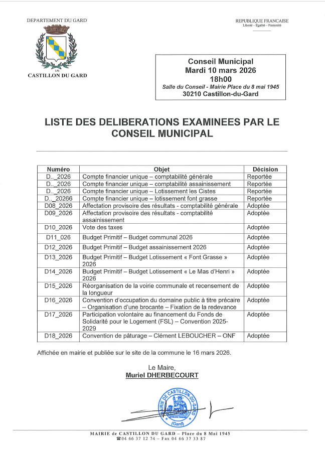 LISTE DES DELIB 10032026