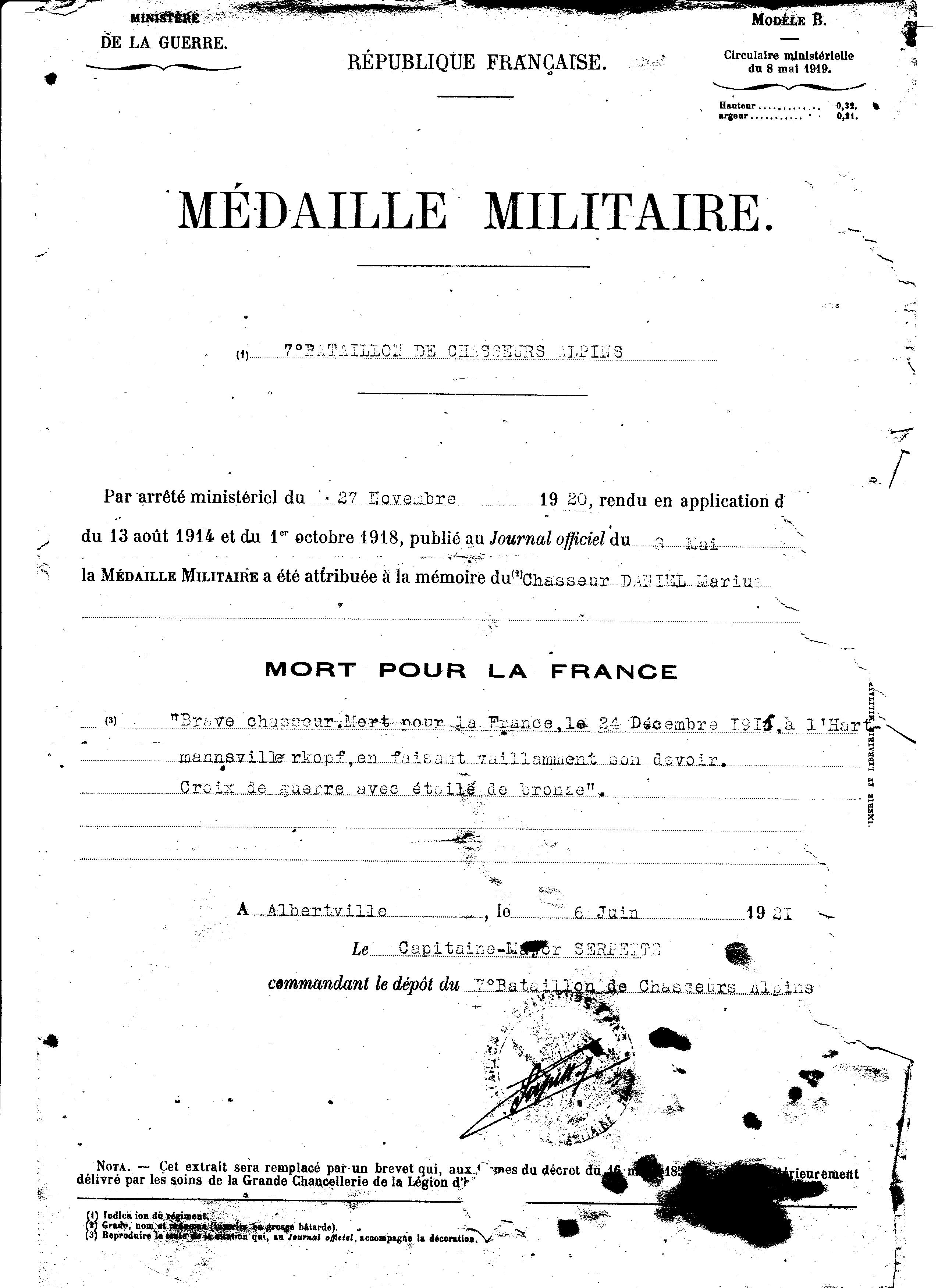 7 DANIEL Marius document militaire citation